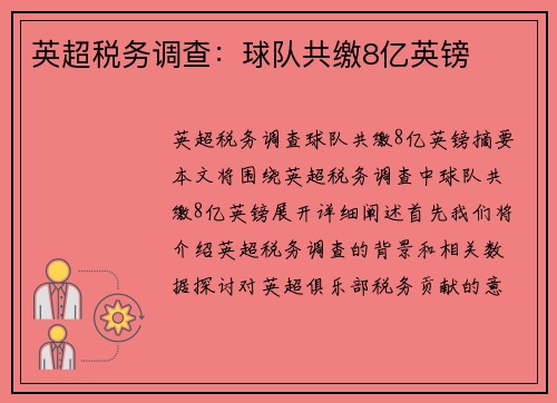 英超税务调查：球队共缴8亿英镑